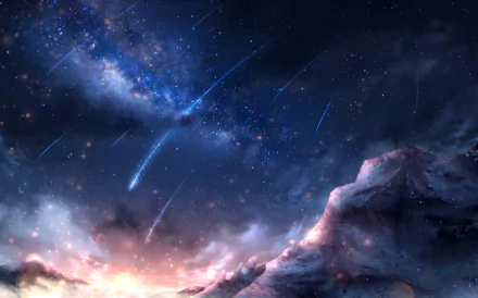 Anime-inspired HD wallpaper featuring a stunning night sky filled with stars and a comet, overlooking a cloud-covered mountain under a cosmic wonder.
