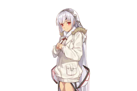 Original anime HD PC desktop wallpaper: white-haired girl with red eyes in a fur-trim coat holding a small gift on a clean white background.