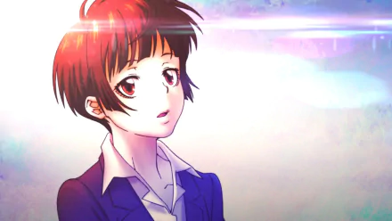 HD wallpaper featuring Akane Tsunemori from the anime Psycho-Pass, showcasing her thoughtful expression in a vibrant, colorful setting.