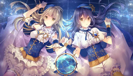 HD desktop wallpaper of Kotori Minami and Umi Sonoda from Love Live! in matching blue-and-white stage outfits, holding a glowing celestial globe against a starry, magical backdrop.
