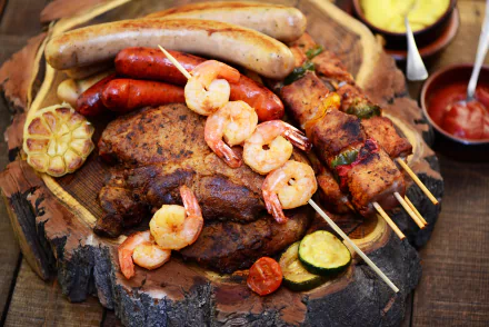 Close-up 4K Ultra HD desktop wallpaper of grilled shrimp, sausages, and barbecue meat arranged on a wooden platter with dipping sauces and roasted vegetables.