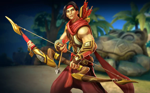 HD PC desktop wallpaper featuring Sha Lin from the video game Paladins, poised with his bow ready, set against a tropical background.