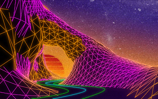 A vibrant neon retro wave artistic HD desktop wallpaper, featuring a wireframe landscape with pink, yellow, and green lights, a setting sun, and a starry sky.