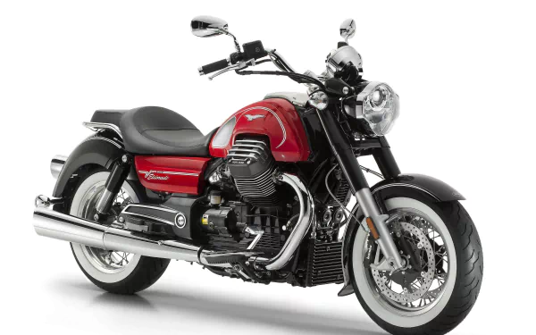Red Moto Guzzi Eldorado cruiser motorcycle on a white backdrop, high-detail 4K Ultra HD PC desktop wallpaper/background.