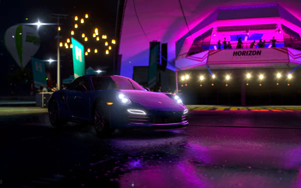 Neon-lit Porsche 911 on wet streets from Forza Horizon 3 (Forza Motorsport series) video game, rendered as a 4K Ultra HD PC desktop wallpaper/background.