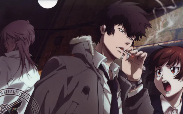 HD PC desktop wallpaper featuring Akane Tsunemori, Shinya Kogami, and Shougo Makishima from the anime Psycho-Pass in a tense, dramatic scene.