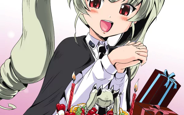 HD PC desktop wallpaper of Anchovy (Girls und Panzer) — anime portrait of her grinning with twin tails, holding a cake with lit candles beside wrapped gifts, pink background.