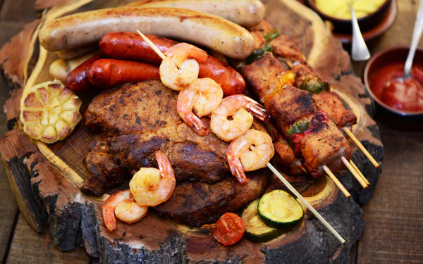 shrimp sausage meat food barbecue HD Desktop Wallpaper | Background Image