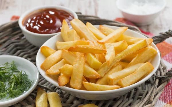 HD desktop wallpaper featuring a close-up of golden french fries in a white bowl with ketchup and herbs on a woven placemat.