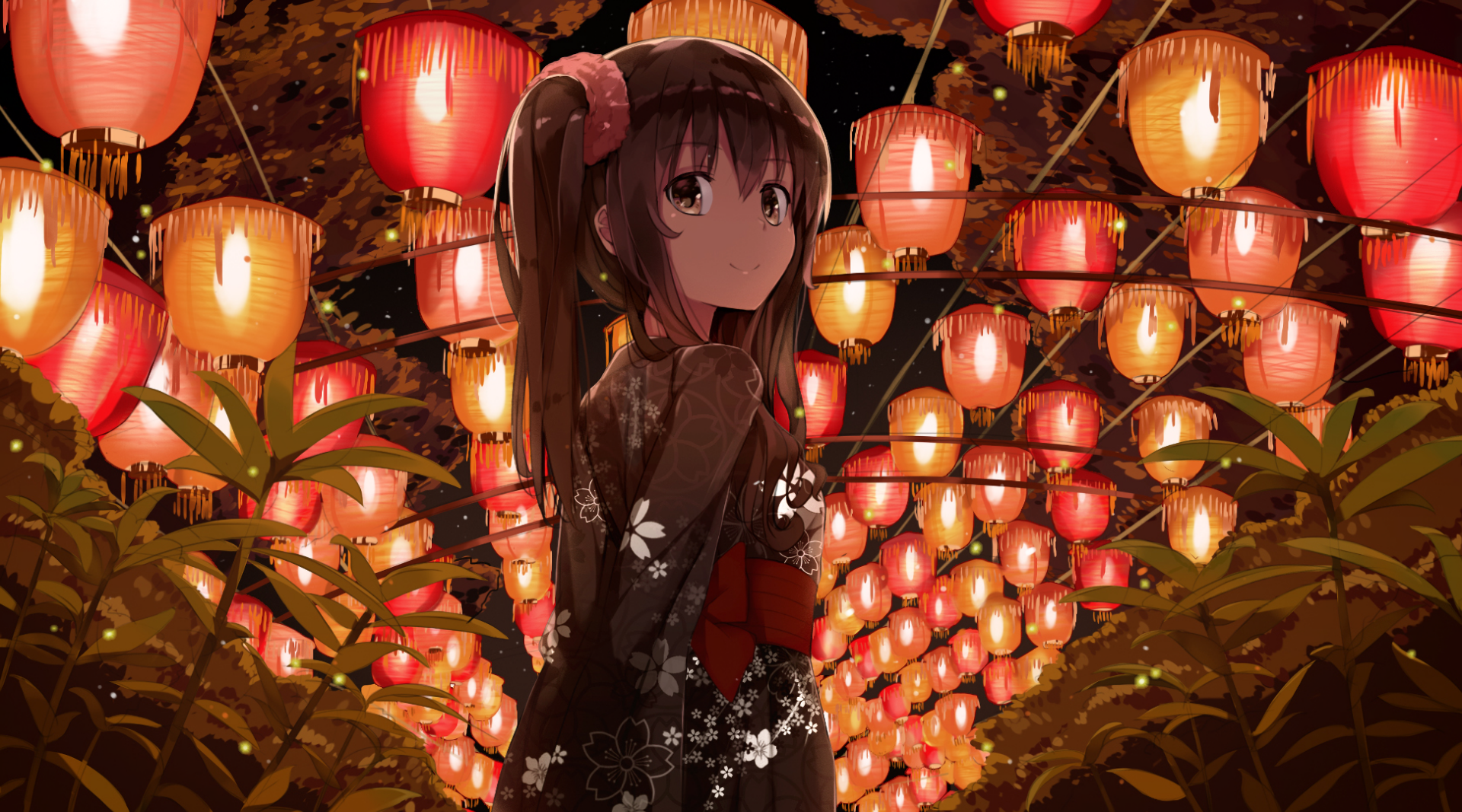 Anime girl in traditional attire stands amidst a vibrant array of lanterns at night. This HD desktop wallpaper exudes a warm and enchanting ambiance.