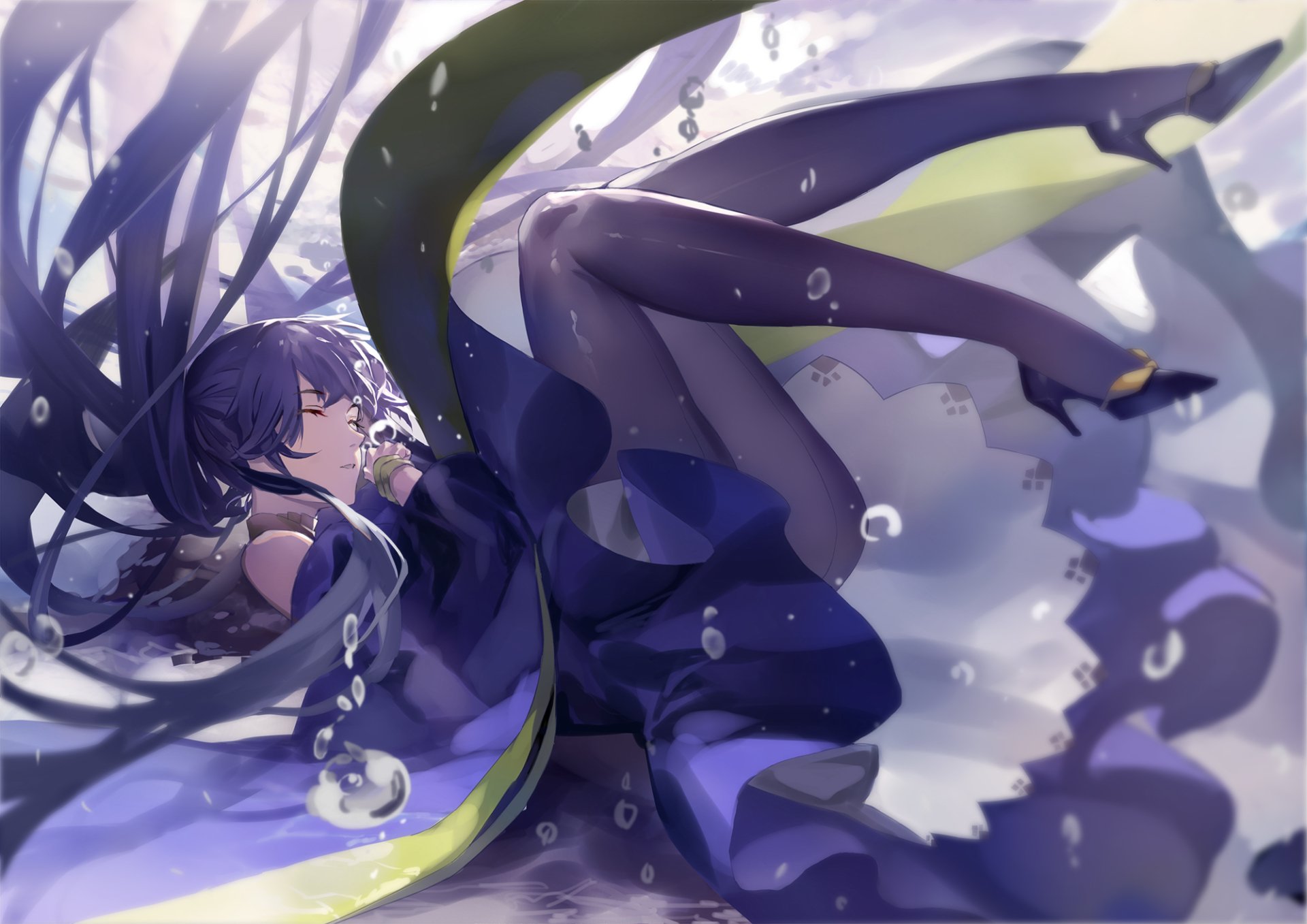 Anime Warship Girls HD PC desktop wallpaper: dark-haired ship girl in flowing navy and lime outfit, drifting underwater with ribbons and bubbles in a dreamy, ethereal scene.