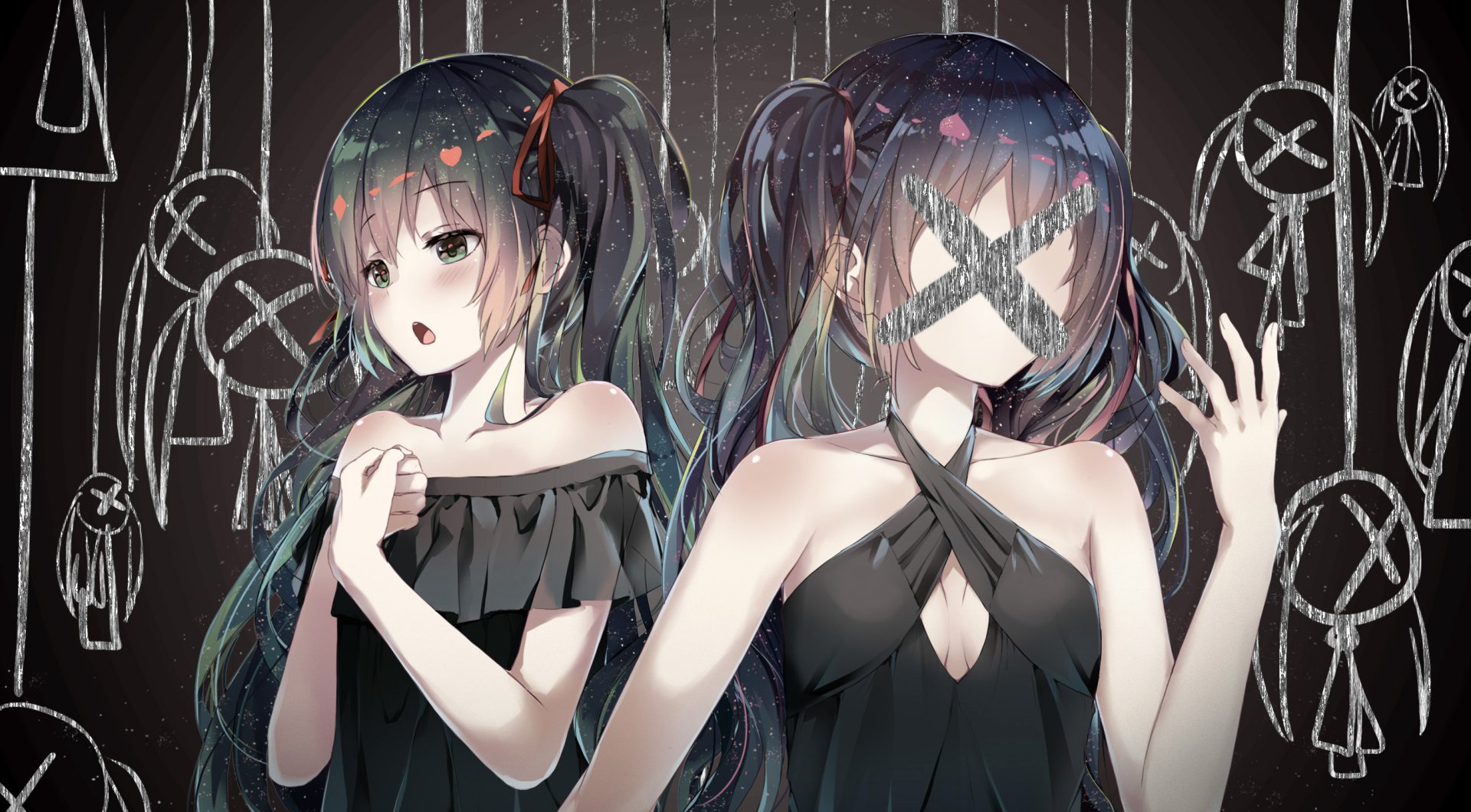 HD PC desktop wallpaper featuring Hatsune Miku in anime style with dual poses, one with eyes visible and one with a cross over her face, set against a dark background with ribbon motifs.