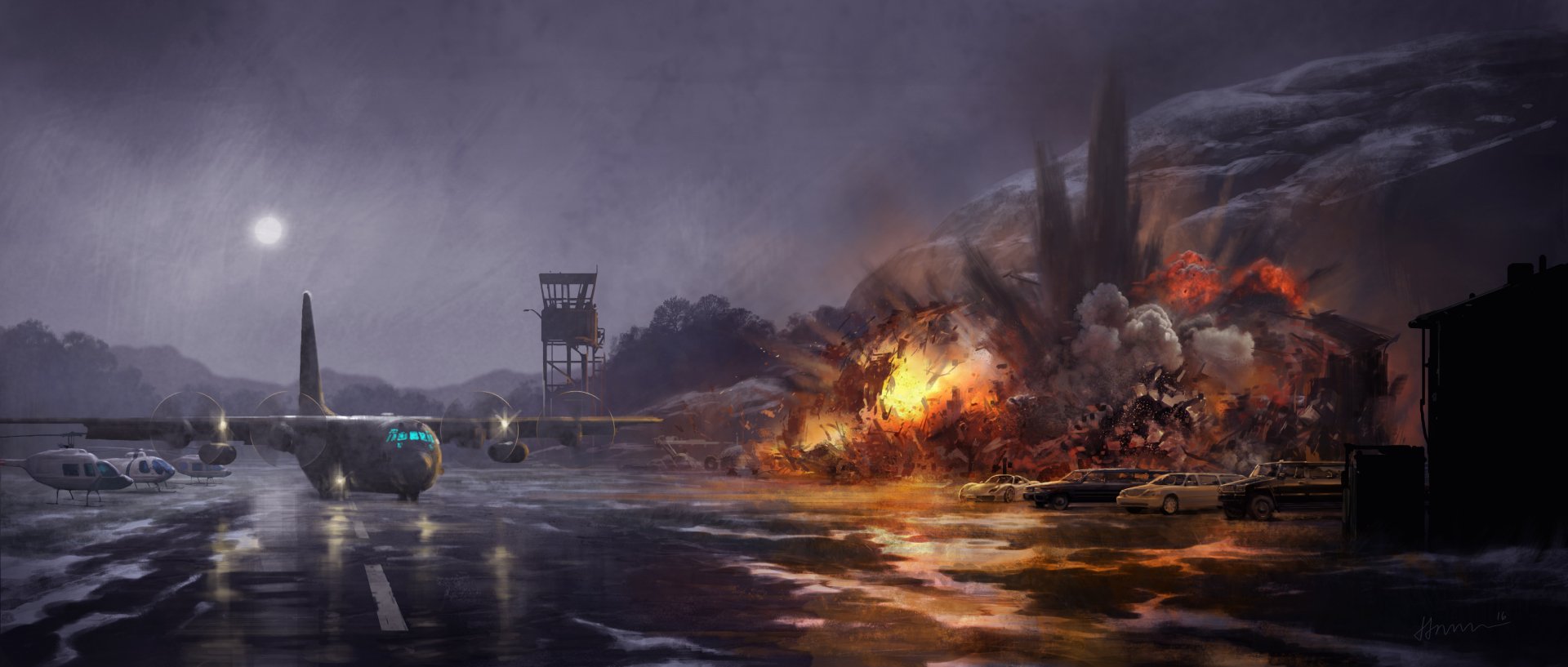 A dramatic scene from Spider-Man: Homecoming featuring an aircraft and a fiery explosion on a dark runway, captured as a stunning 4K Ultra HD wallpaper.