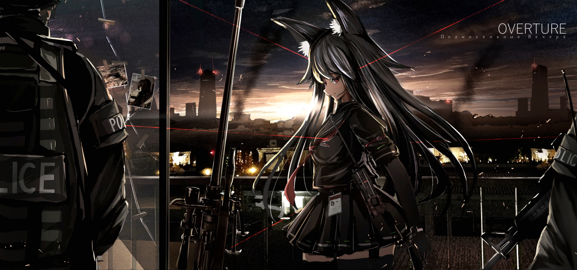 Anime character in a police uniform with nekomimi features holding a sniper rifle against a cityscape backdrop at sunset. Red laser sights illuminate the scene in this HD desktop wallpaper.