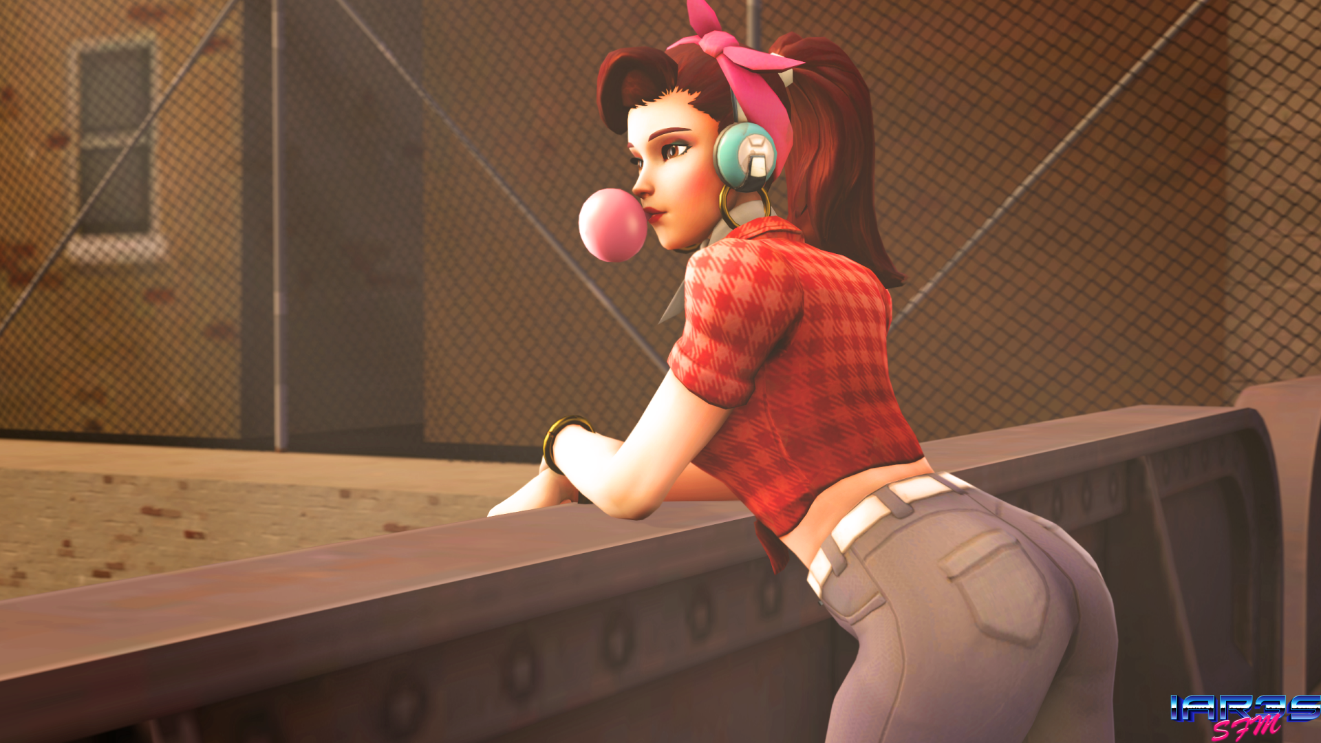 HD PC desktop wallpaper featuring D.Va from Overwatch blowing a bubblegum bubble, wearing a red plaid shirt and headphones, set against an urban background.