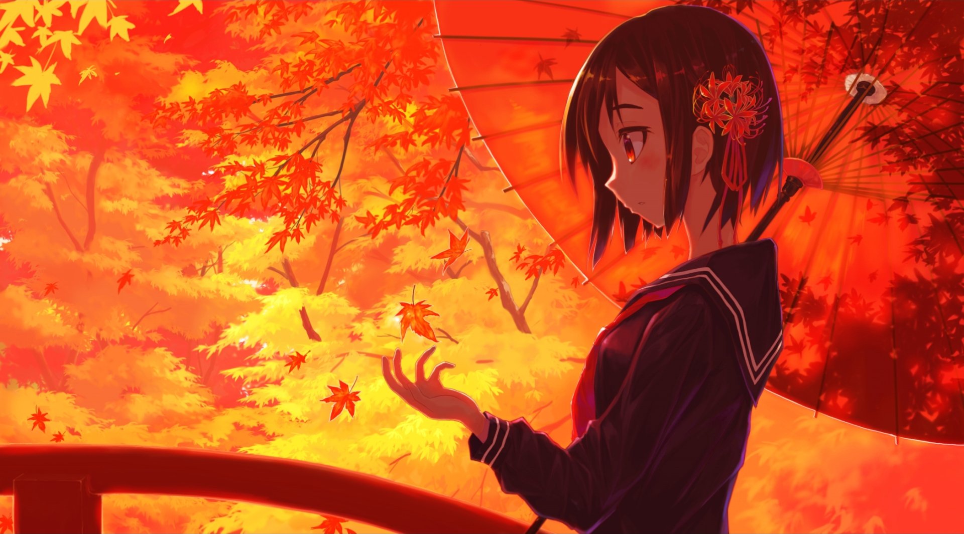 Anime schoolgirl with red eyes stands under an umbrella admiring falling leaves in an autumn setting. She is in a school uniform, with vibrant fall colors around her. HD desktop wallpaper and background.