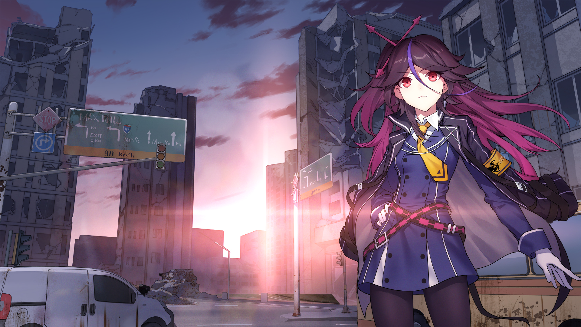 HD PC desktop wallpaper featuring an anime character from Benghuai Xueyuan standing in a post-apocalyptic urban setting during sunset.