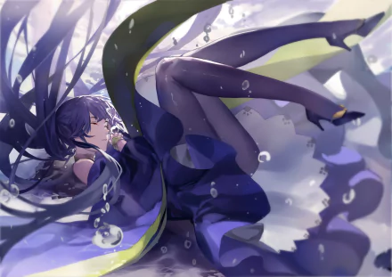 Anime Warship Girls HD PC desktop wallpaper: dark-haired ship girl in flowing navy and lime outfit, drifting underwater with ribbons and bubbles in a dreamy, ethereal scene.