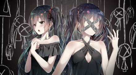 HD PC desktop wallpaper featuring Hatsune Miku in anime style with dual poses, one with eyes visible and one with a cross over her face, set against a dark background with ribbon motifs.