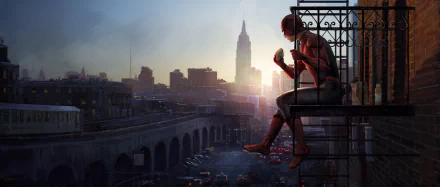 HD desktop wallpaper featuring Spider-Man from the movie Spider-Man: Homecoming, sitting on a fire escape overlooking a cityscape at sunset.