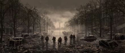 Post-apocalyptic scene of soldiers advancing through flooded Champs-Élysées in Paris, inspired by the movie Edge of Tomorrow, in a 4K Ultra HD desktop wallpaper.