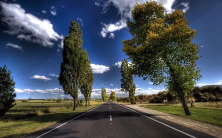 HD PC desktop wallpaper featuring a serene landscape with a straight road flanked by tall trees under a vibrant blue sky with scattered clouds.