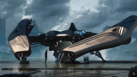 HD PC desktop wallpaper featuring a detailed spaceship from the Star Citizen video game, set against a moody, cloudy sky backdrop.