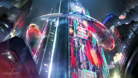 HD PC desktop wallpaper featuring vibrant koi fish swimming around a neon-lit skyscraper from the movie Ghost in the Shell (2017) in a futuristic cityscape.