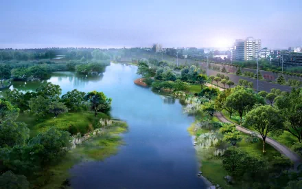 Artistic HD cityscape wallpaper featuring a serene river surrounded by lush greenery and modern buildings under a softly glowing sky.