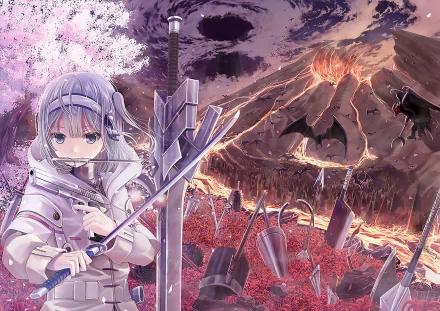 Anime-style HD desktop wallpaper featuring a white-haired character in a hoodie holding a sword and pistol, set against a volcanic landscape with cherry blossoms and bats.
