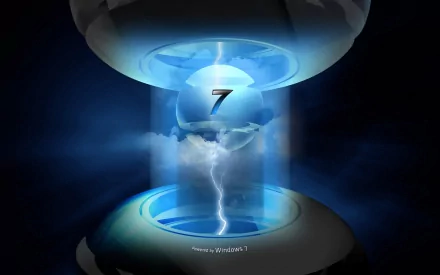 A dynamic HD wallpaper featuring the number 7 surrounded by futuristic elements, representing Microsoft's Windows 7 technology against a striking blue background.
