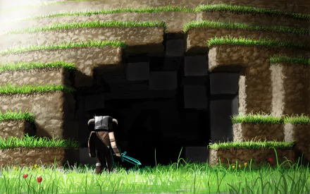 HD desktop wallpaper featuring a crossover of a warrior standing before a cave entrance in Minecraft, with lush green grass and flowers in the foreground.