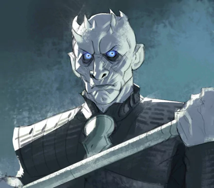 A dramatic HD wallpaper featuring the Night King from Game of Thrones, showcasing his menacing expression and icy blue eyes against a shadowy background.