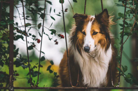 HD PC desktop wallpaper of a rough collie dog among leafy branches; depth of field blurs the background while the animal's face remains sharp.