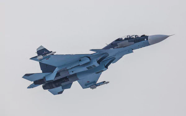 Sukhoi Su-30 twin-seat jet fighter warplane in flight against a pale sky — 2K Quad HD PC desktop wallpaper and background.