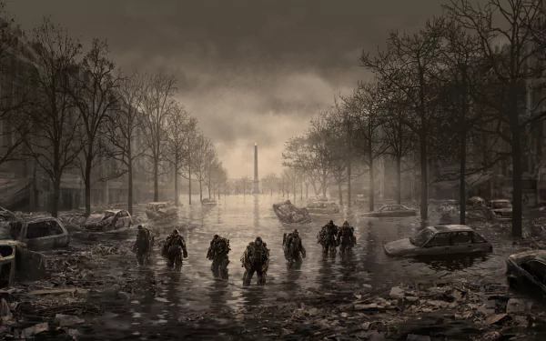 Post-apocalyptic scene of soldiers advancing through flooded Champs-Élysées in Paris, inspired by the movie Edge of Tomorrow, in a 4K Ultra HD desktop wallpaper.