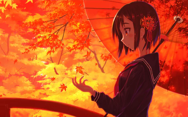Anime schoolgirl with red eyes stands under an umbrella admiring falling leaves in an autumn setting. She is in a school uniform, with vibrant fall colors around her. HD desktop wallpaper and background.