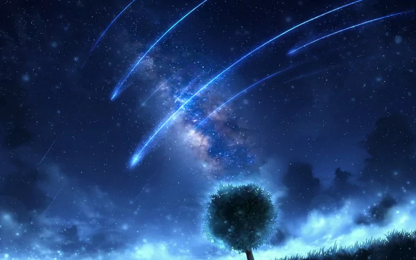 Anime original HD PC desktop wallpaper/background: a lonely tree on a hill beneath a vivid starry sky and Milky Way as glowing shooting stars streak across the sky.