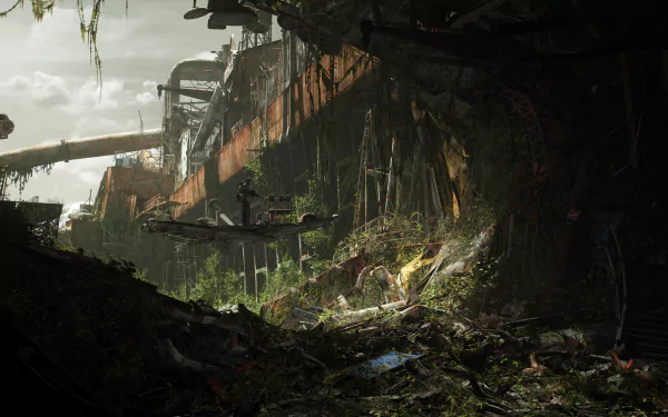 HD desktop wallpaper showing a sci-fi post-apocalyptic scene with decayed structures and overgrown vegetation, evoking a mood of abandonment and desolation in a futuristic landscape.