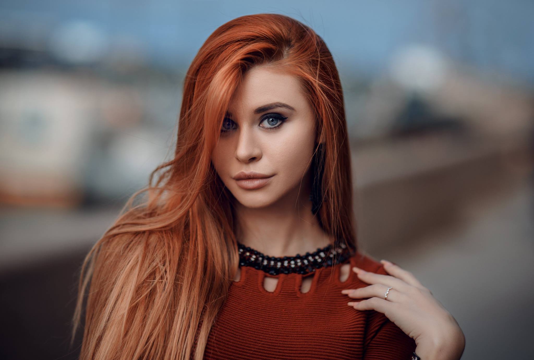 Download Long Hair Depth Of Field Blue Eyes Redhead Woman Model HD Wallpaper