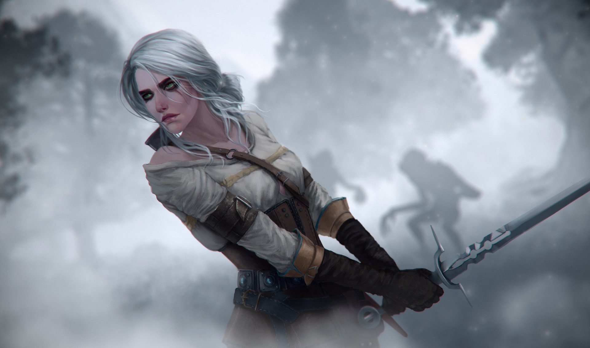 A high-definition wallpaper of Ciri from The Witcher 3: Wild Hunt, featuring a silhouette of a woman warrior with white hair, green eyes, and a sword, set against a misty forest background.