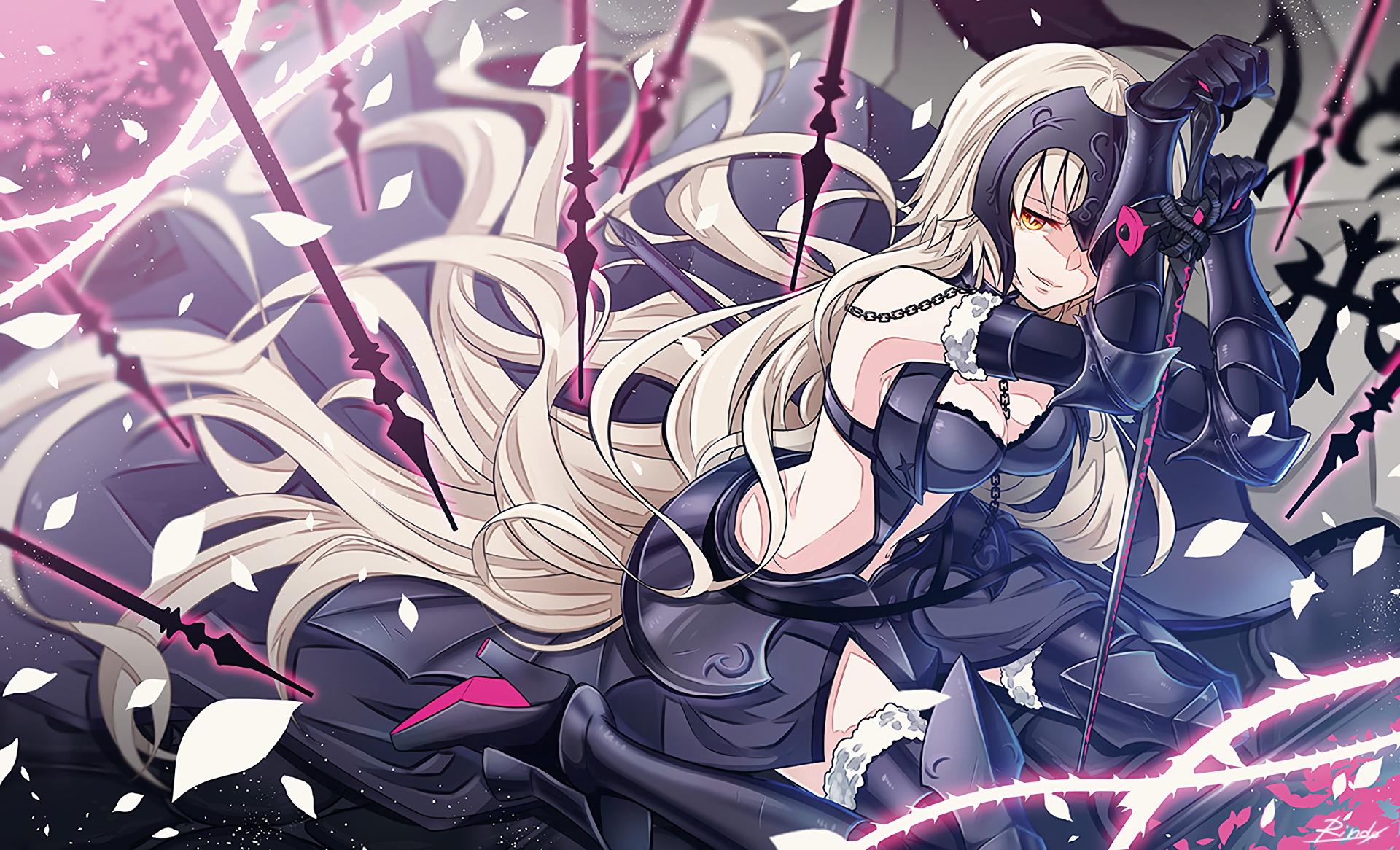 HD desktop wallpaper featuring Jeanne d'Arc Alter from Fate/Grand Order anime, depicting Avenger class in a dynamic and intense pose with a vivid background.