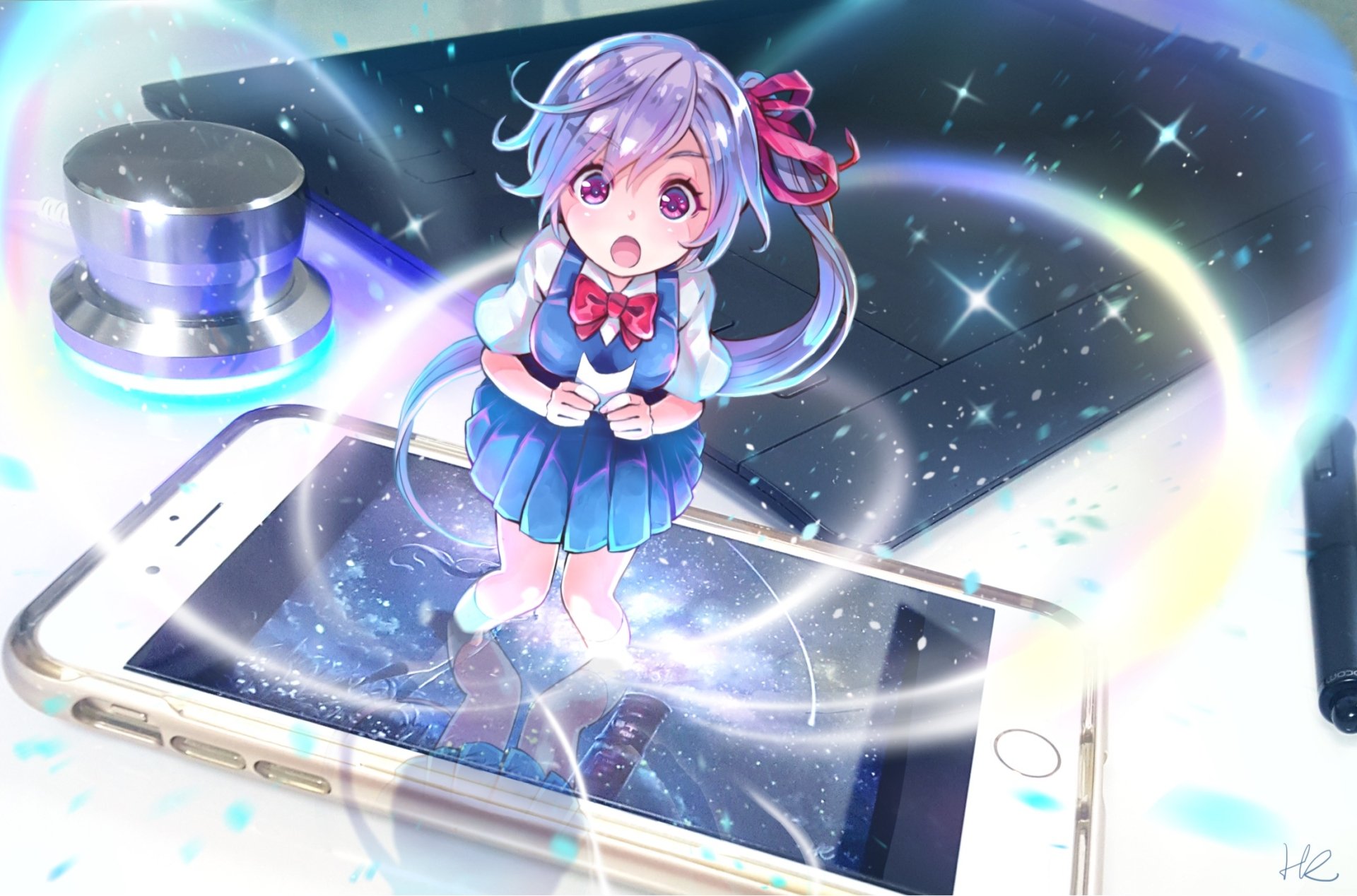 Anime original HD desktop wallpaper featuring a chibi girl with purple hair standing on a glowing smartphone screen surrounded by sparkling light effects.