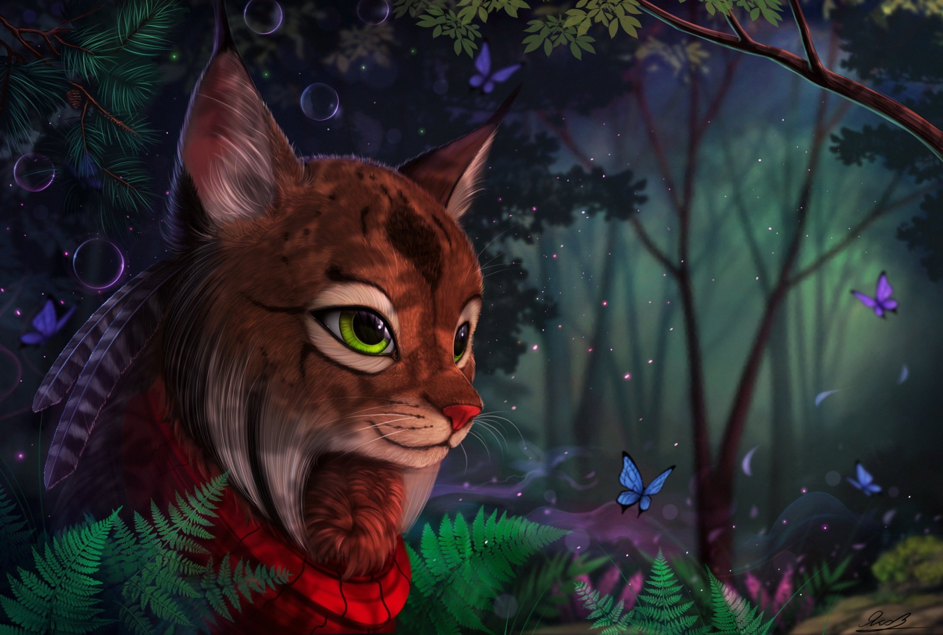HD PC desktop wallpaper/background: a fantasy forest with ferns, glowing butterflies, and a brown cat with green eyes wearing a red scarf among misty trees.
