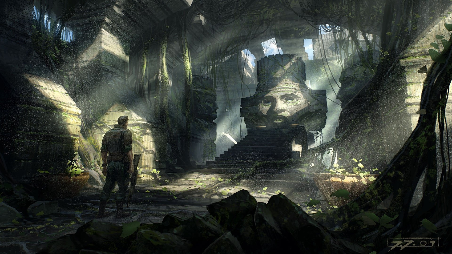 HD PC desktop wallpaper — lone explorer bathed in sunbeams stands in an overgrown fantasy temple, facing a colossal moss-covered stone-face statue.
