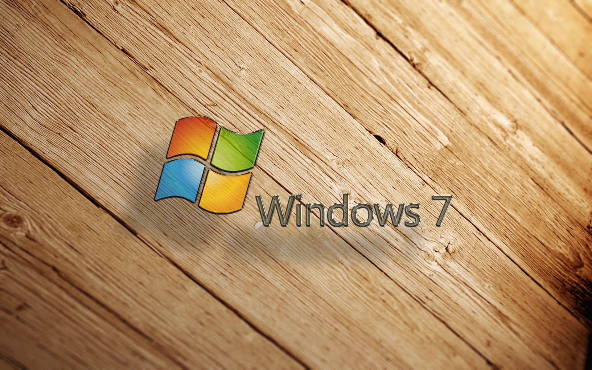 A wooden floor background features the Microsoft Windows 7 logo, showcasing a blend of technology and natural textures in a high-definition desktop wallpaper.