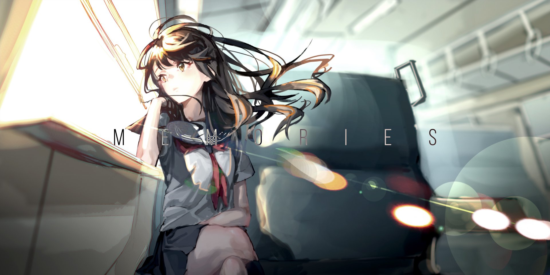 A serene anime girl gazes out of a train window, her hair flowing in the breeze. A captivating original HD wallpaper that evokes a sense of nostalgia and memories.