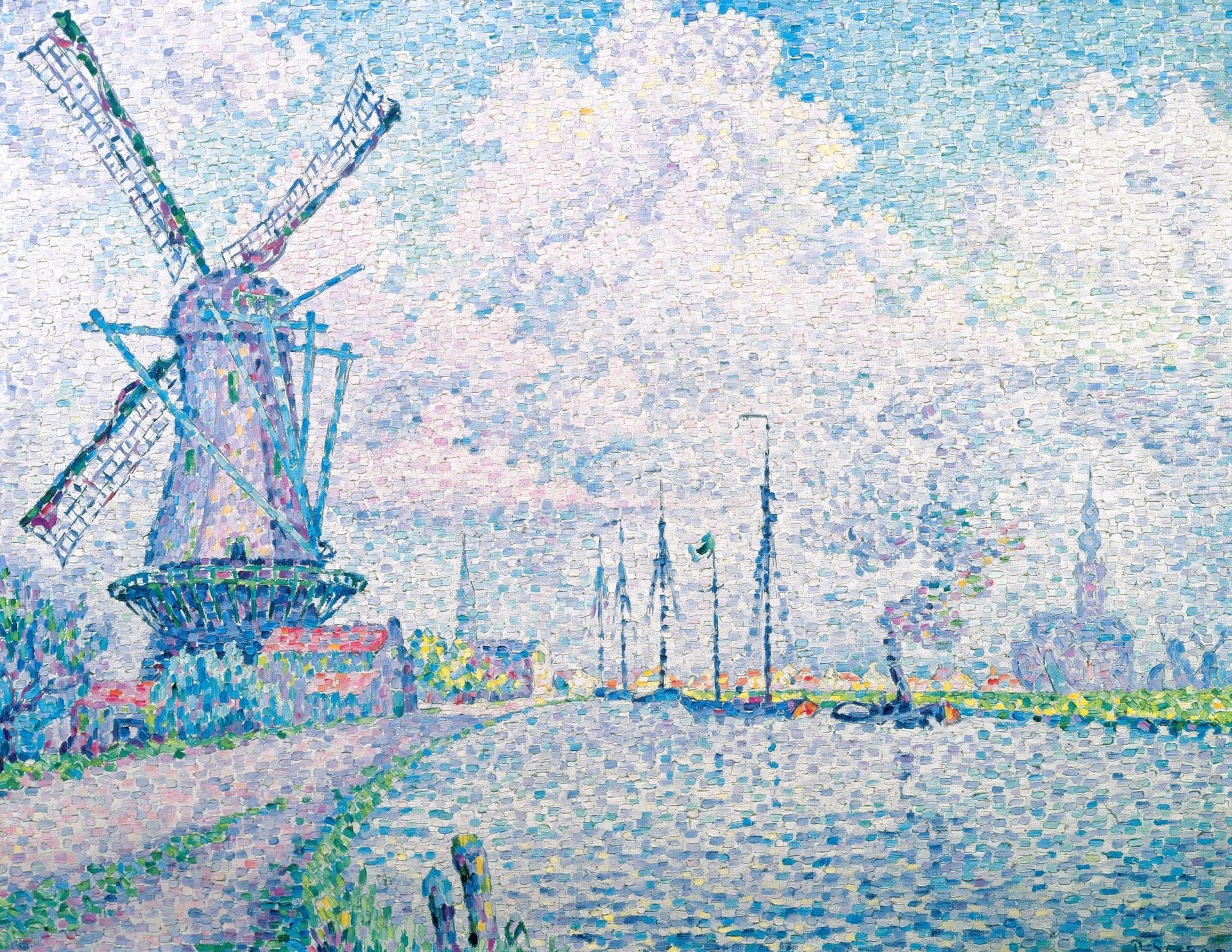 Artistic pointillist painting of a windmill beside a calm river with boats and a distant town; 2K Quad HD PC desktop wallpaper background.