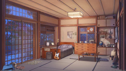 HD anime desktop wallpaper featuring an original bedroom scene with traditional Japanese elements, including sliding glass doors and wooden furniture.