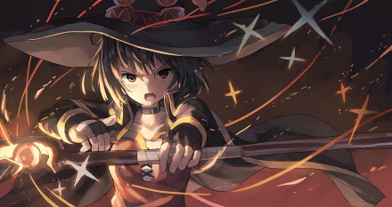 HD desktop wallpaper featuring Megumin from the anime KonoSuba - God's Blessing on This Wonderful World!!. Megumin is depicted casting an explosive spell with vibrant colors and dynamic effects.
